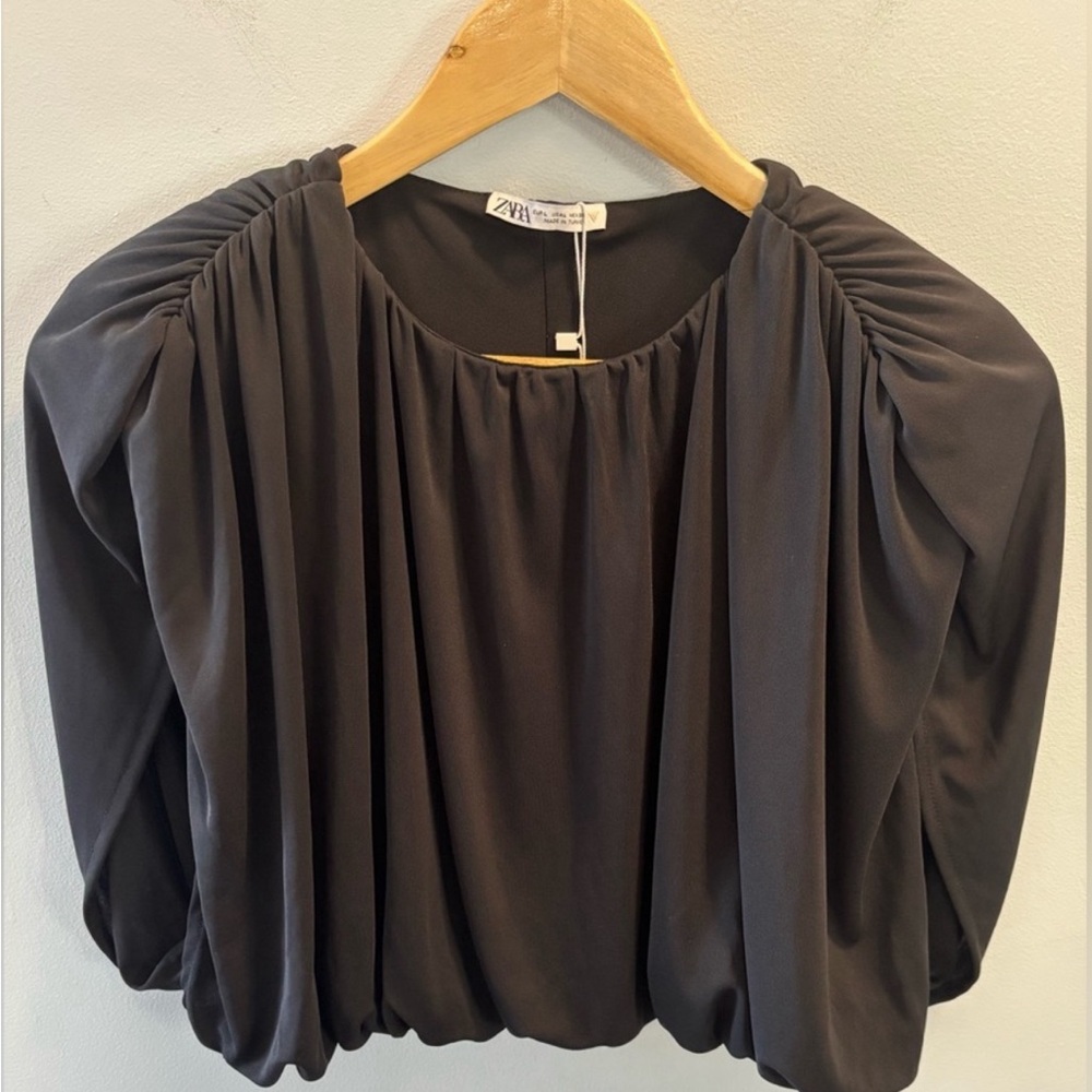 Zara Black Blouse with Ruched Sleeves
